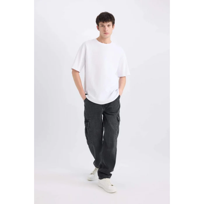 Defacto E6694 Siyah Relax Fit Rahat Kesim Geniş Paça Kargo Cepli Jean Pantolon