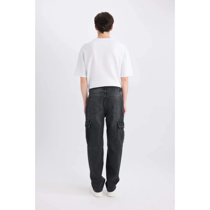 Defacto E6694 Siyah Relax Fit Rahat Kesim Geniş Paça Kargo Cepli Jean Pantolon