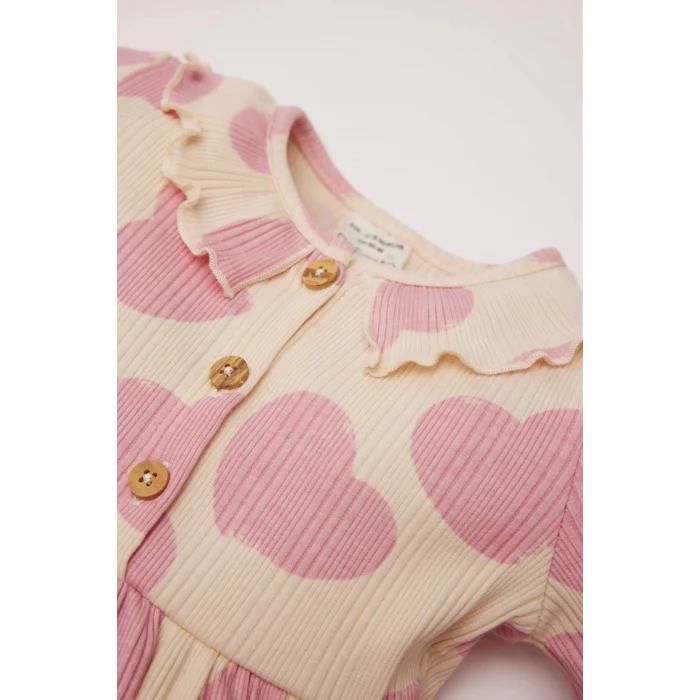 Defacto D9583 Ekru Kız Bebek Desenli Uzun Kollu Fitilli Kaşkorse Elbise