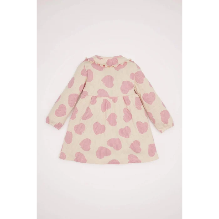 Defacto D9583 Ekru Kız Bebek Desenli Uzun Kollu Fitilli Kaşkorse Elbise