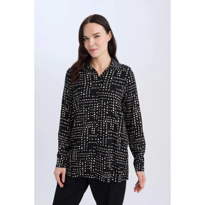 Defacto T0609 Siyah Loose Fit Desenli Uzun Kollu Gömlek Tunik