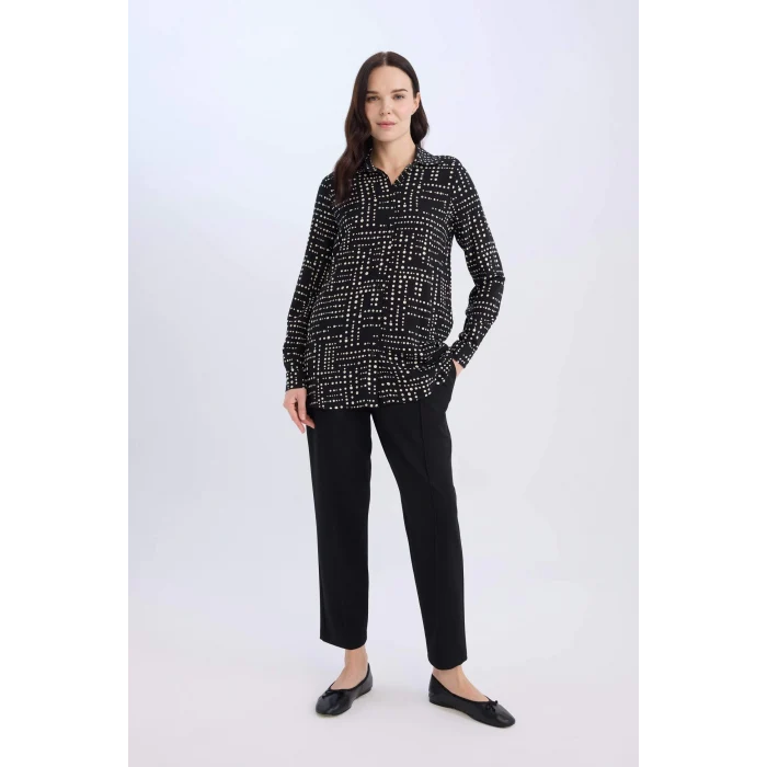 Defacto T0609 Siyah Loose Fit Desenli Uzun Kollu Gömlek Tunik