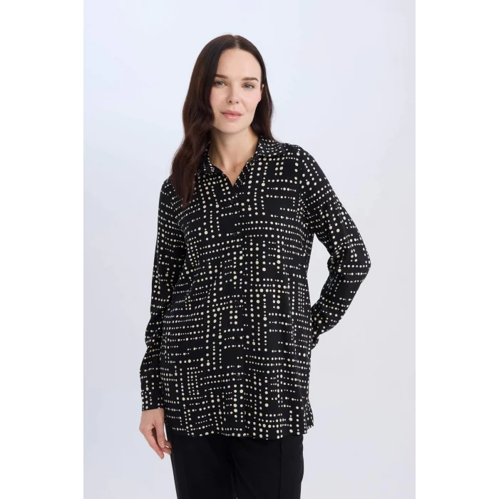 Defacto T0609 Siyah Loose Fit Desenli Uzun Kollu Gömlek Tunik
