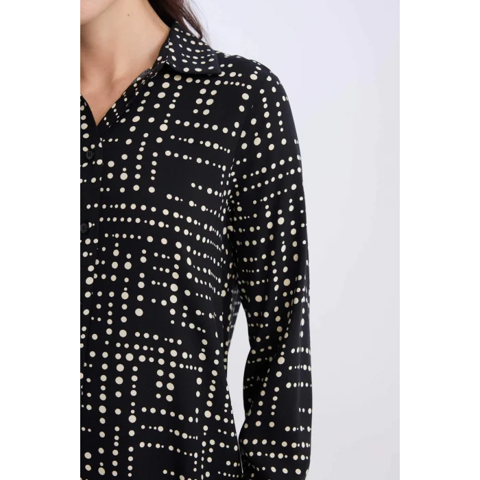 Defacto T0609 Siyah Loose Fit Desenli Uzun Kollu Gömlek Tunik