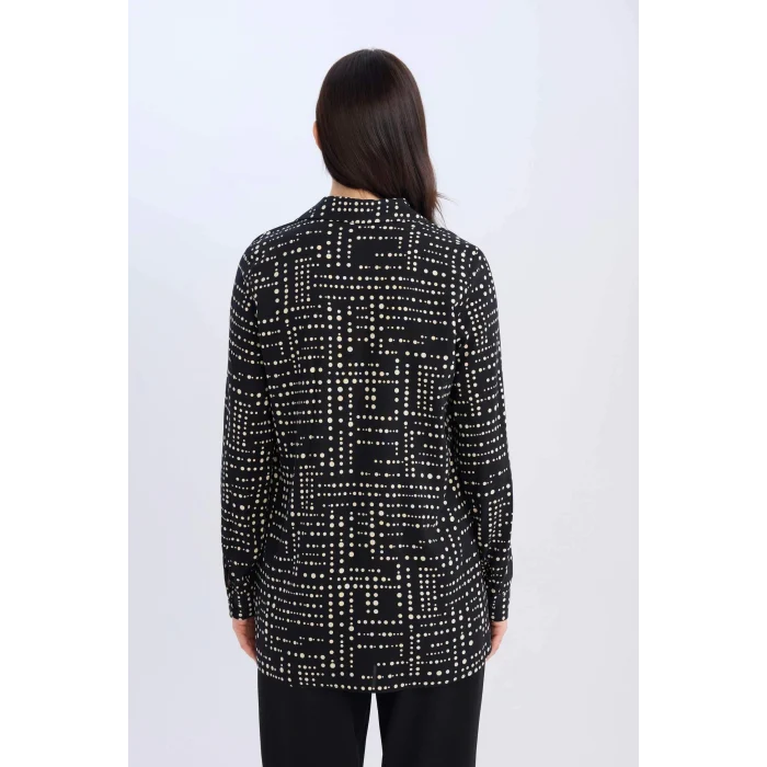 Defacto T0609 Siyah Loose Fit Desenli Uzun Kollu Gömlek Tunik