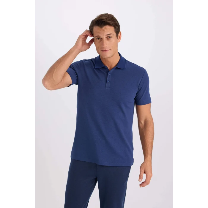 Defacto M6609 İndigo Slim Fit Dar Kesim Basic Düz Kısa Kollu Polo Tişört