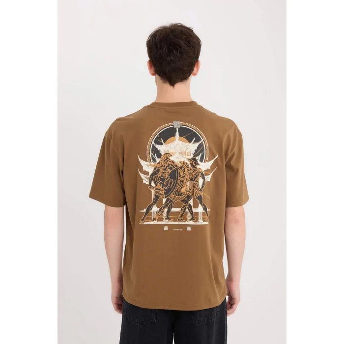 Defacto E1487 Kahve Boxy Fit Bisiklet Yaka Sırt Baskılı Kısa Kollu Tişört