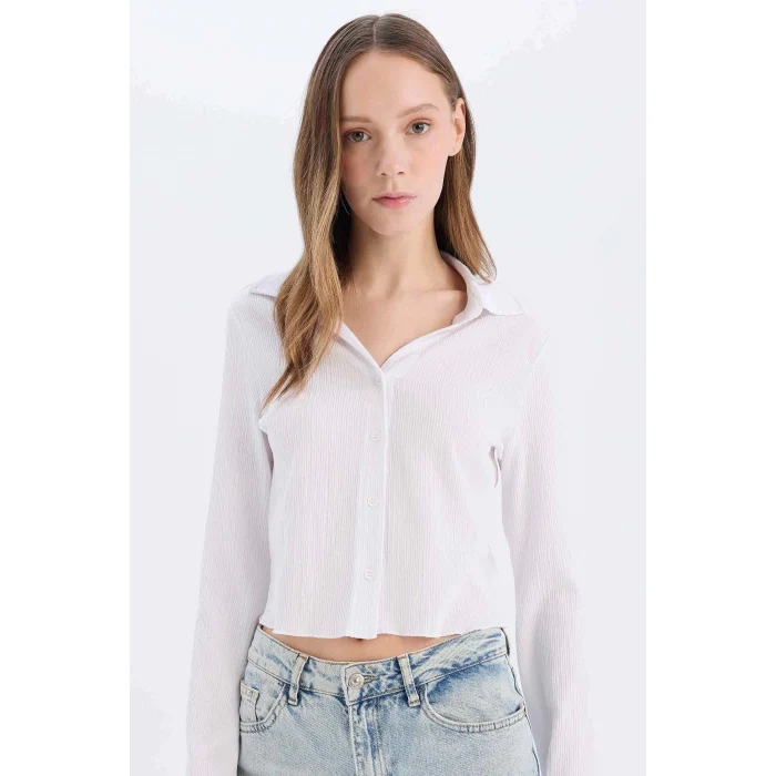Defacto A0012 Beyaz Coool Fitted Basic Düz Düğmeli Uzun Kollu Crop Beyaz Gömlek