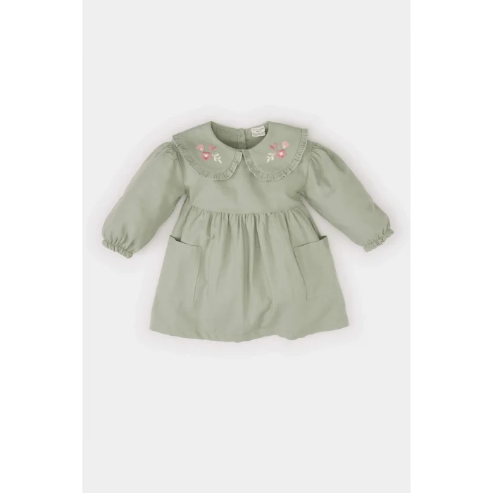 Defacto D9566 Yeşil Kız Bebek Büyük Yaka Nakışlı Uzun Kollu Cepli Twill Elbise