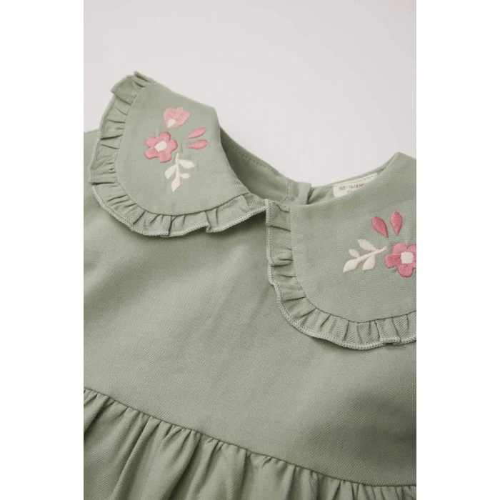 Defacto D9566 Yeşil Kız Bebek Büyük Yaka Nakışlı Uzun Kollu Cepli Twill Elbise