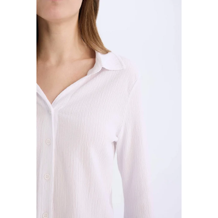 Defacto A0012 Beyaz Coool Fitted Basic Düz Düğmeli Uzun Kollu Crop Beyaz Gömlek