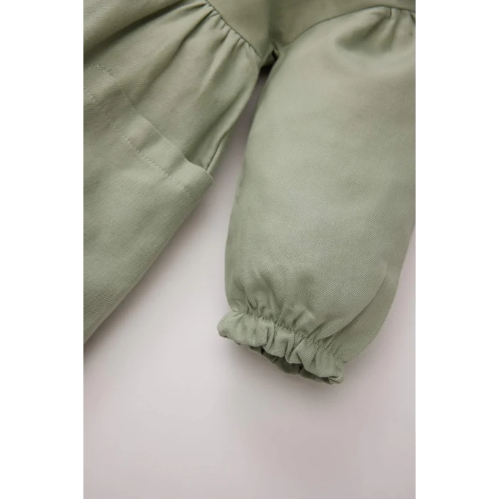 Defacto D9566 Yeşil Kız Bebek Büyük Yaka Nakışlı Uzun Kollu Cepli Twill Elbise
