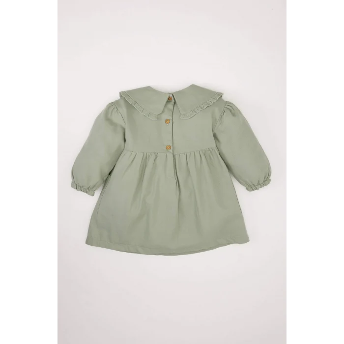 Defacto D9566 Yeşil Kız Bebek Büyük Yaka Nakışlı Uzun Kollu Cepli Twill Elbise