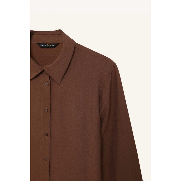 Defacto C3819 Kahve Regular Fit Basic Düz Uzun Kollu Gömlek