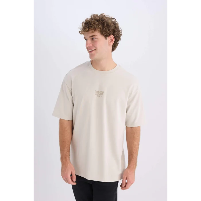 Defacto D5517 Gri Boxy Fit Bisiklet Yaka Baskılı Kısa Kollu Ağır Kumaş Tişört