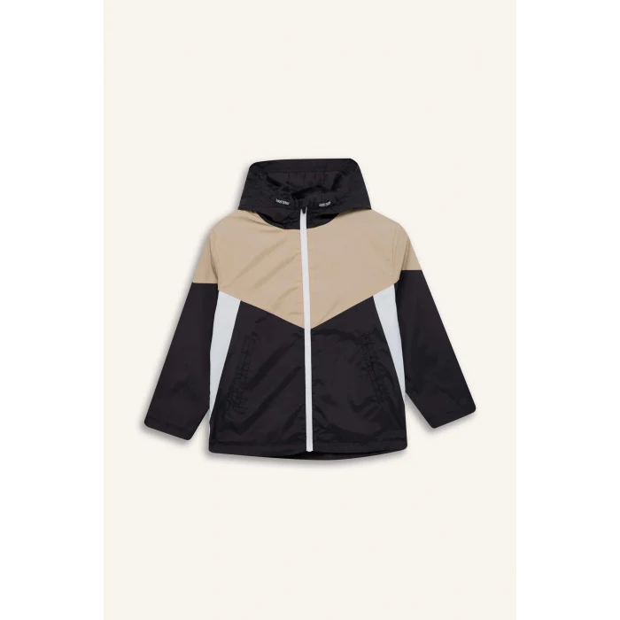 Defacto D5921 Siyah Erkek Çocuk Su İtici Kapüşonlu Fermuarlı Cepli Yağmurluk