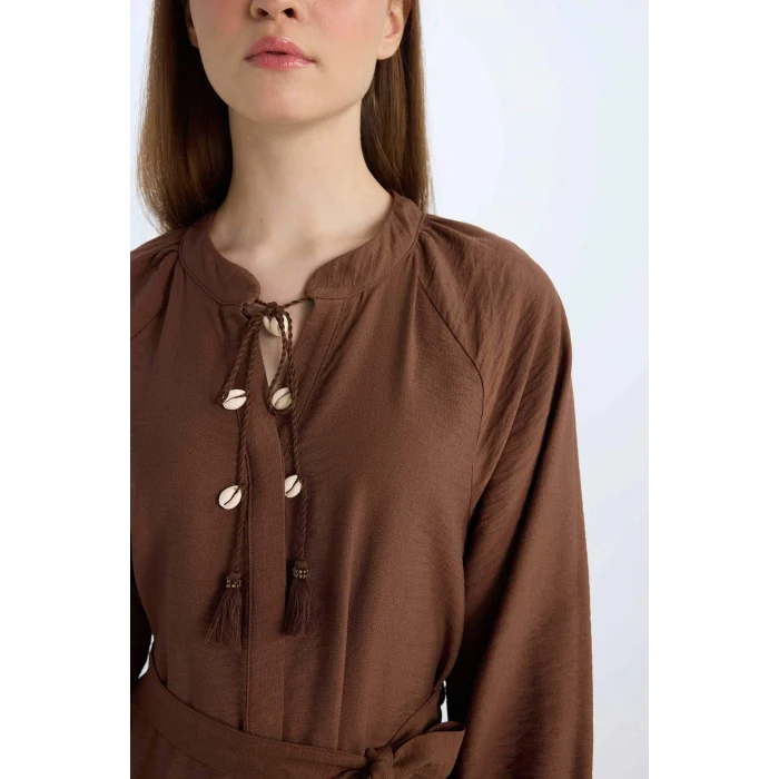 Defacto D7322 Kahve Relax Fit Hakim Yaka Uzun Kollu Maxi Elbise