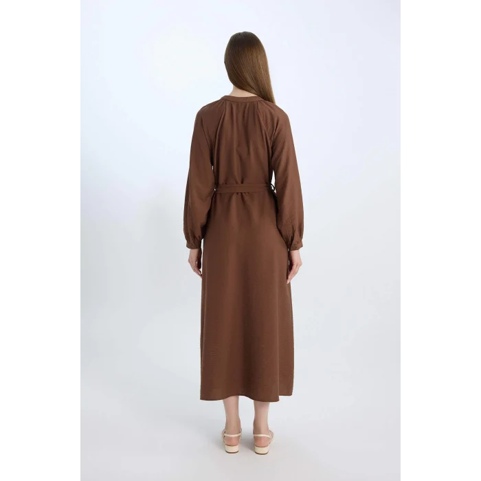Defacto D7322 Kahve Relax Fit Hakim Yaka Uzun Kollu Maxi Elbise