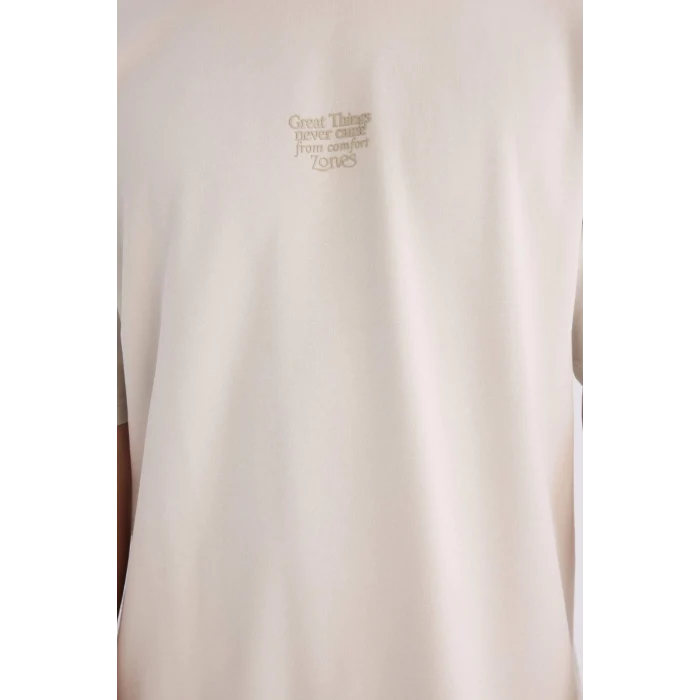 Defacto D5517 Gri Boxy Fit Bisiklet Yaka Baskılı Kısa Kollu Ağır Kumaş Tişört