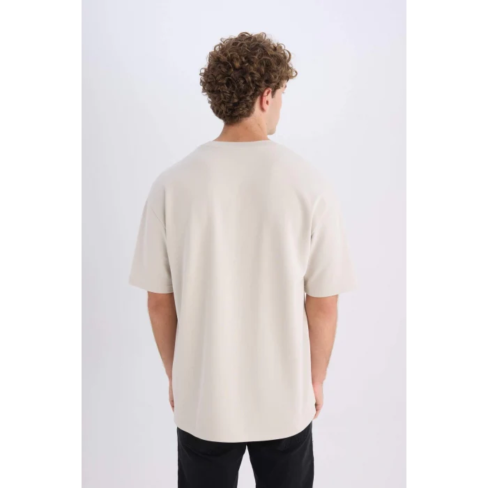 Defacto D5517 Gri Boxy Fit Bisiklet Yaka Baskılı Kısa Kollu Ağır Kumaş Tişört