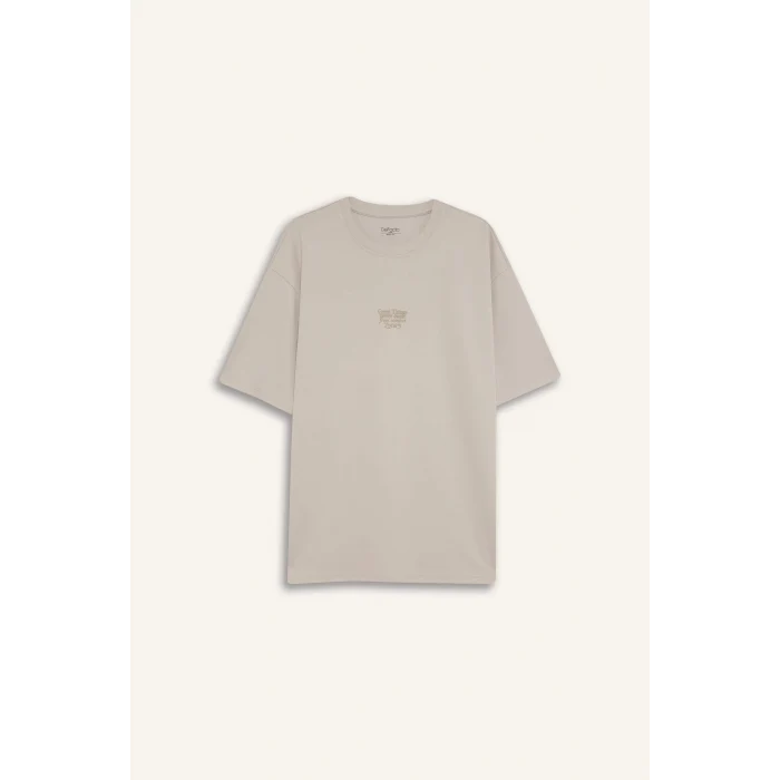 Defacto D5517 Gri Boxy Fit Bisiklet Yaka Baskılı Kısa Kollu Ağır Kumaş Tişört