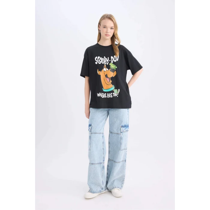Defacto D9106 Siyah Coool Scooby Doo Oversize Geniş Kalıp Bisiklet Yaka Sırt Baskılı Kısa Kollu Tişört