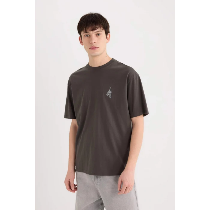 Defacto D5511 Antrasit Boxy Fit Bisiklet Yaka Sırt Baskılı Kısa Kollu Tişört