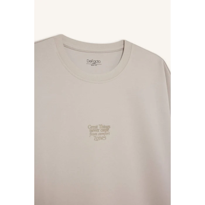 Defacto D5517 Gri Boxy Fit Bisiklet Yaka Baskılı Kısa Kollu Ağır Kumaş Tişört