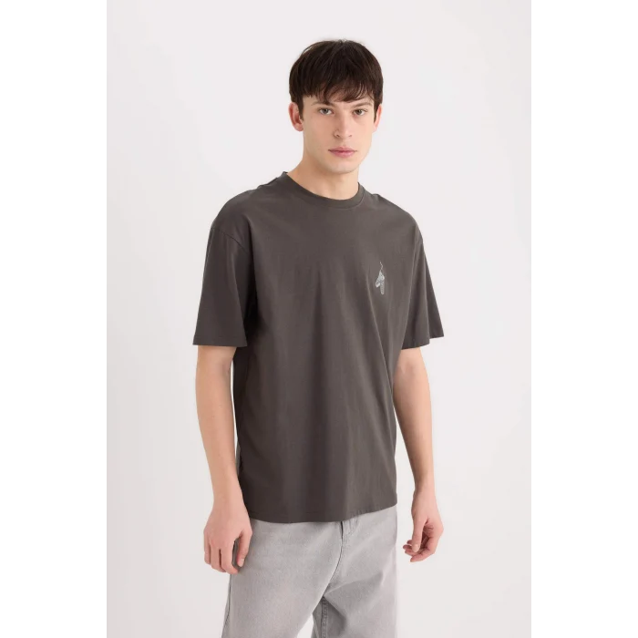 Defacto D5511 Antrasit Boxy Fit Bisiklet Yaka Sırt Baskılı Kısa Kollu Tişört