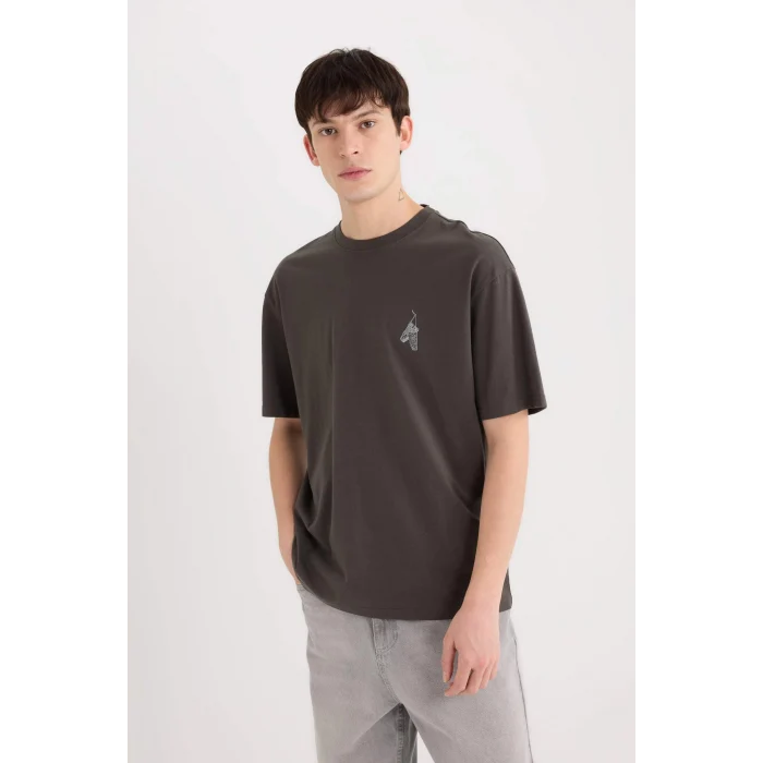 Defacto D5511 Antrasit Boxy Fit Bisiklet Yaka Sırt Baskılı Kısa Kollu Tişört