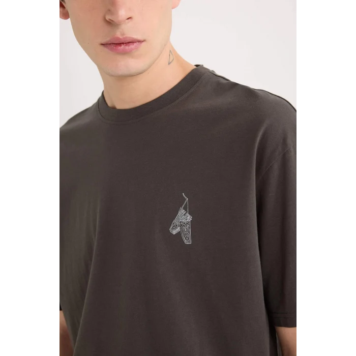 Defacto D5511 Antrasit Boxy Fit Bisiklet Yaka Sırt Baskılı Kısa Kollu Tişört