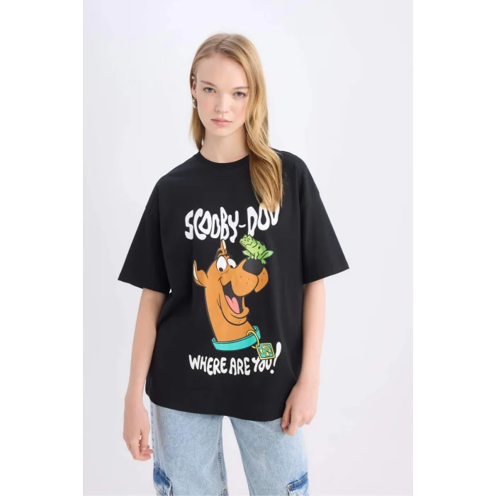 Defacto D9106 Siyah Coool Scooby Doo Oversize Geniş Kalıp Bisiklet Yaka Sırt Baskılı Kısa Kollu Tişört