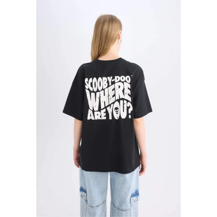 Defacto D9106 Siyah Coool Scooby Doo Oversize Geniş Kalıp Bisiklet Yaka Sırt Baskılı Kısa Kollu Tişört