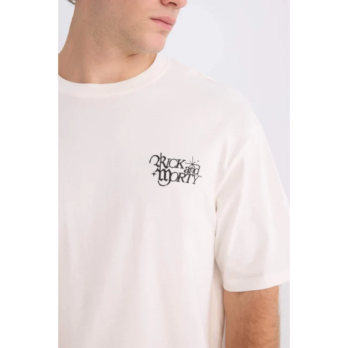 Defacto D5466 Ekru Rick and Morty Boxy Fit Bisiklet Yaka Sırt Baskılı Kısa Kollu Tişört