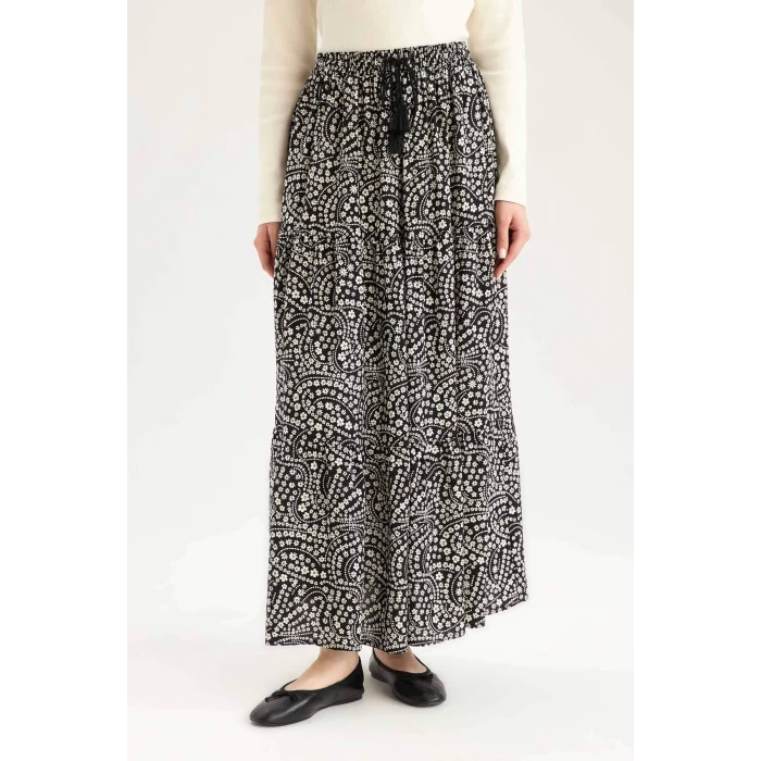 Defacto B5570 Siyah Esnek Belli Desenli Kiloş Maxi Etek