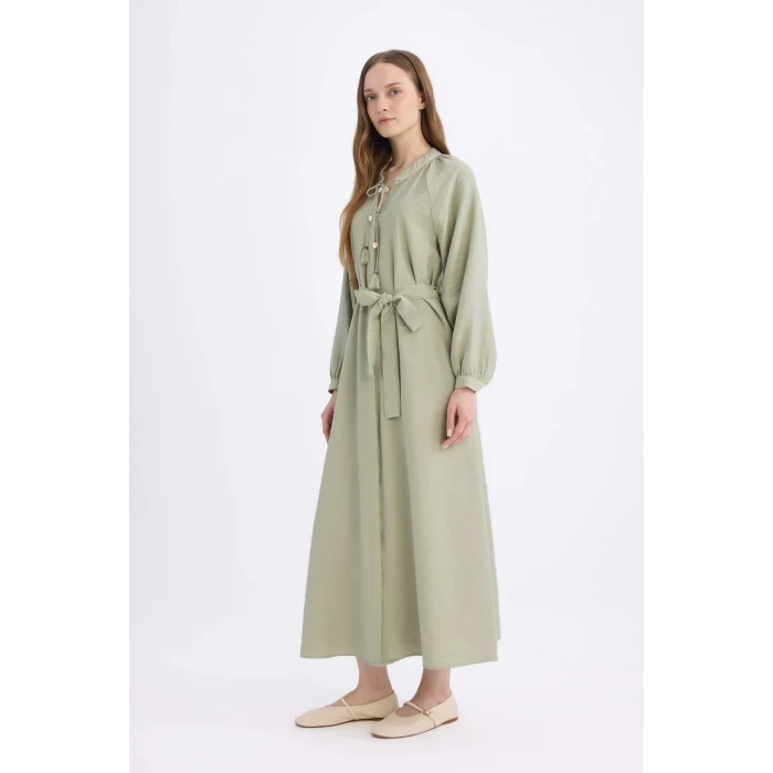 Defacto D7322 Haki Relax Fit Hakim Yaka Uzun Kollu Kuşaklı Maxi Elbise