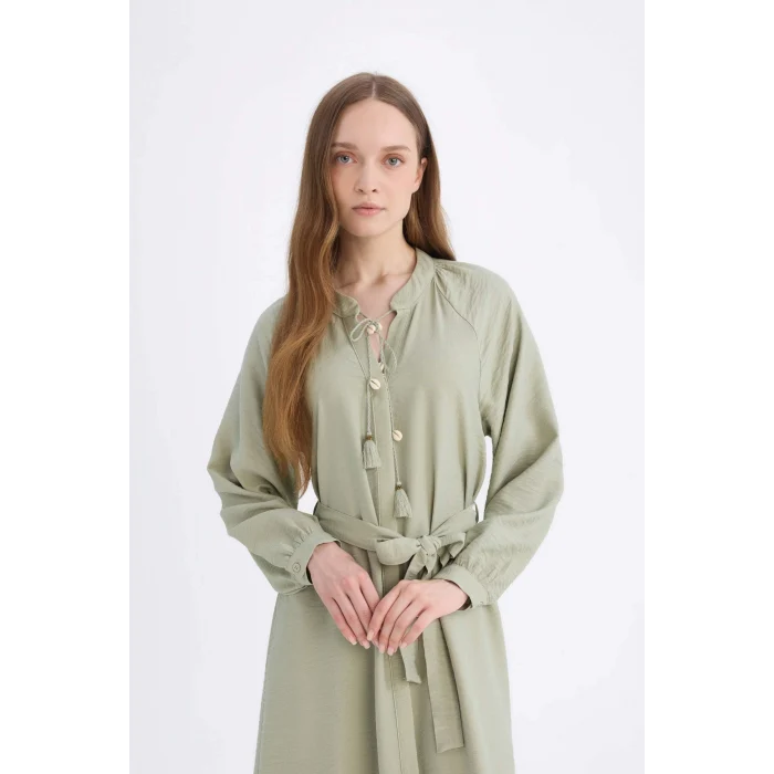 Defacto D7322 Haki Relax Fit Hakim Yaka Uzun Kollu Kuşaklı Maxi Elbise