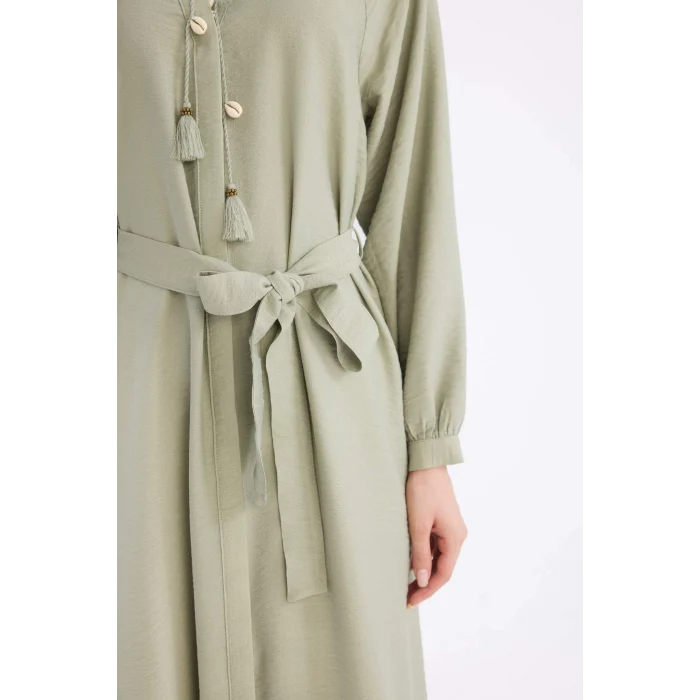 Defacto D7322 Haki Relax Fit Hakim Yaka Uzun Kollu Kuşaklı Maxi Elbise