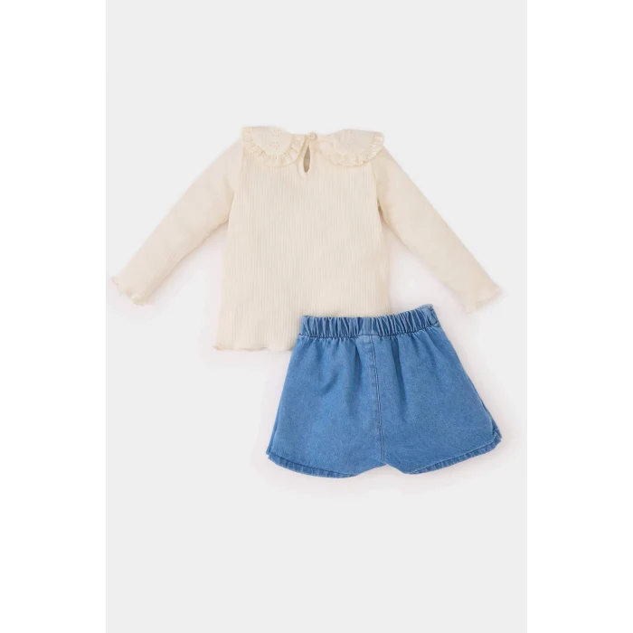 Defacto D9374 Ekru Kız Bebek 3lü Takım Bebe Yaka Uzun Kollu Tişört Beli Lastikli Jean Şort Etek Külotlu Çorap