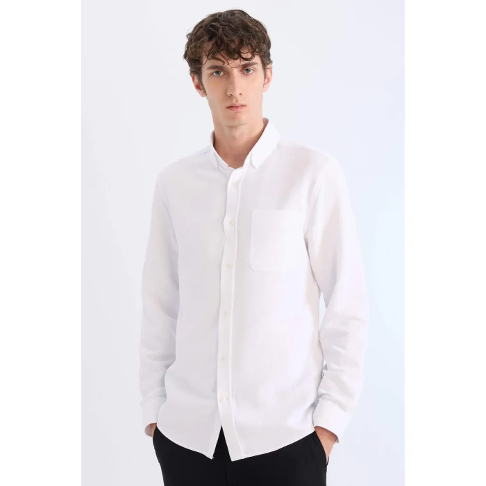 Defacto T2066 Beyaz Slim Fit Dar Kesim Polo Yaka Dokulu Uzun Kollu Gömlek