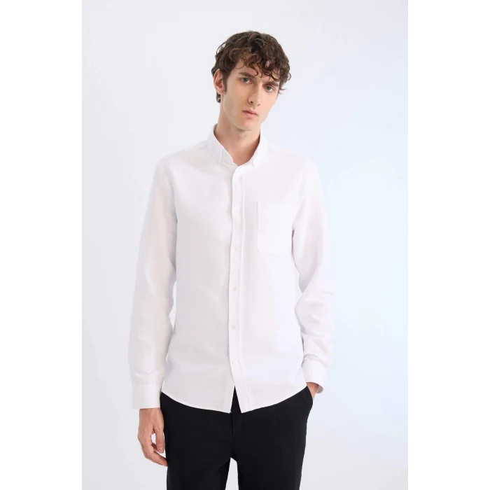 Defacto T2066 Beyaz Slim Fit Dar Kesim Polo Yaka Dokulu Uzun Kollu Gömlek