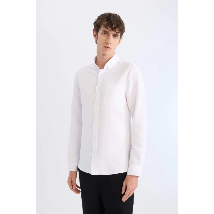 Defacto T2066 Beyaz Slim Fit Dar Kesim Polo Yaka Dokulu Uzun Kollu Gömlek
