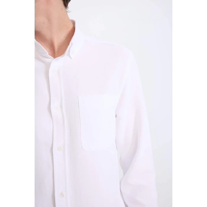 Defacto T2066 Beyaz Slim Fit Dar Kesim Polo Yaka Dokulu Uzun Kollu Gömlek