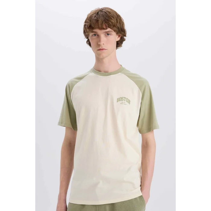 Defacto D5569 Haki Boxy Fit Bisiklet Yaka Baskılı Kısa Kollu Tişört