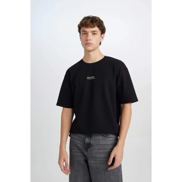 Defacto D5494 Siyah Boxy Fit Bisiklet Yaka Baskılı Kısa Kollu Ağır Kumaş Tişört
