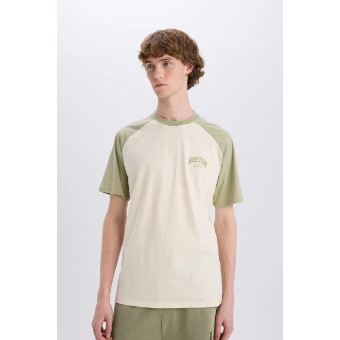 Defacto D5569 Haki Boxy Fit Bisiklet Yaka Baskılı Kısa Kollu Tişört