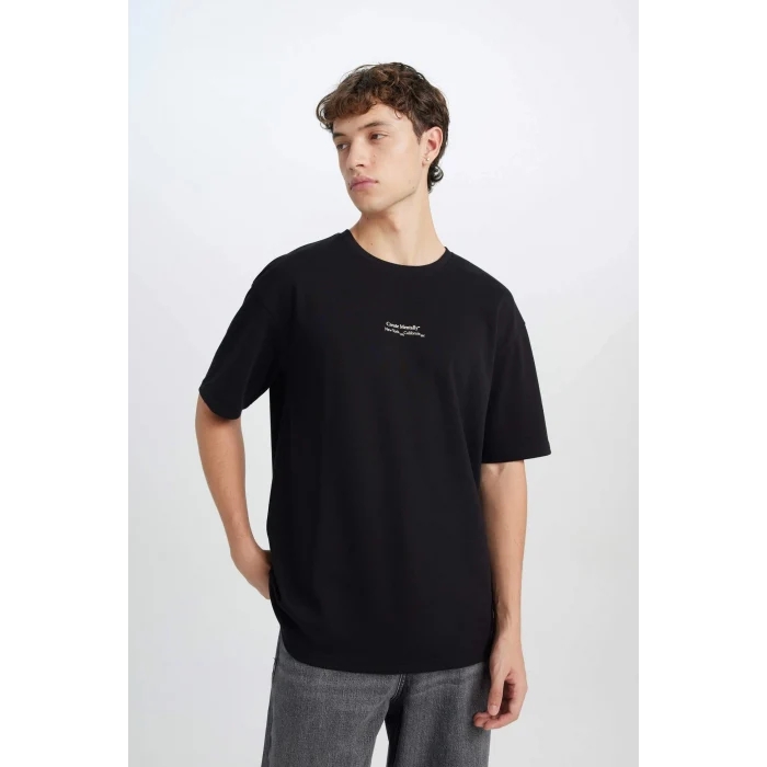 Defacto D5494 Siyah Boxy Fit Bisiklet Yaka Baskılı Kısa Kollu Ağır Kumaş Tişört