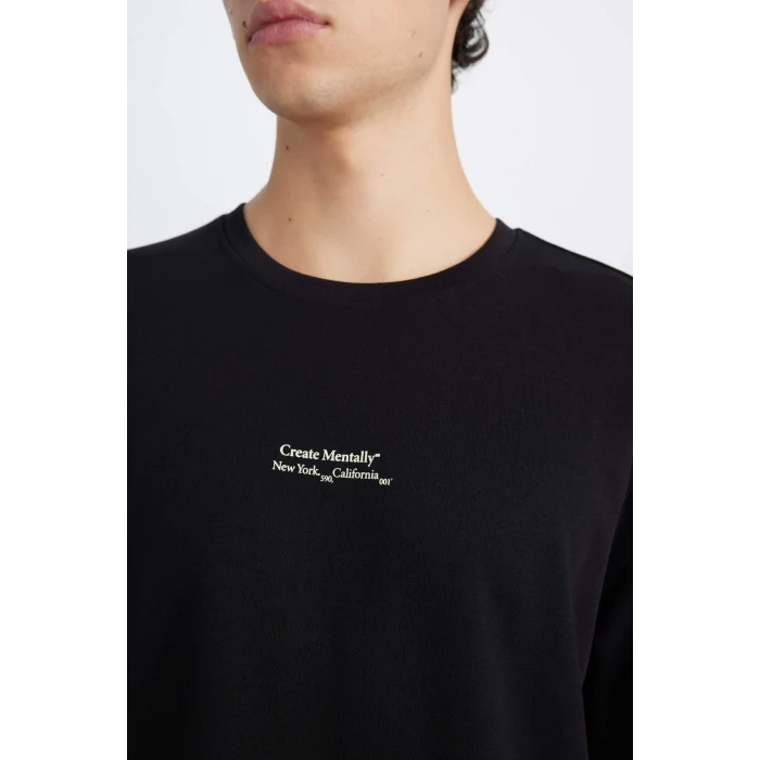 Defacto D5494 Siyah Boxy Fit Bisiklet Yaka Baskılı Kısa Kollu Ağır Kumaş Tişört