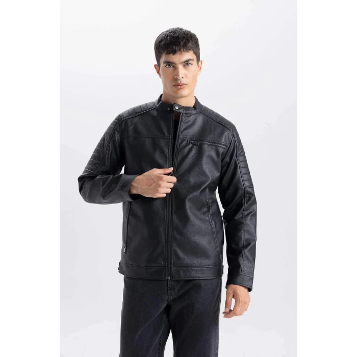 Defacto D6241 Siyah Su İtici Slim Fit Dar Kesim Dik Yaka Fermuarlı Suni Deri Mont
