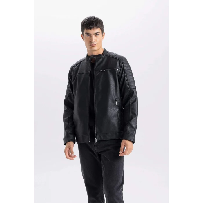 Defacto D6241 Siyah Su İtici Slim Fit Dar Kesim Dik Yaka Fermuarlı Suni Deri Mont